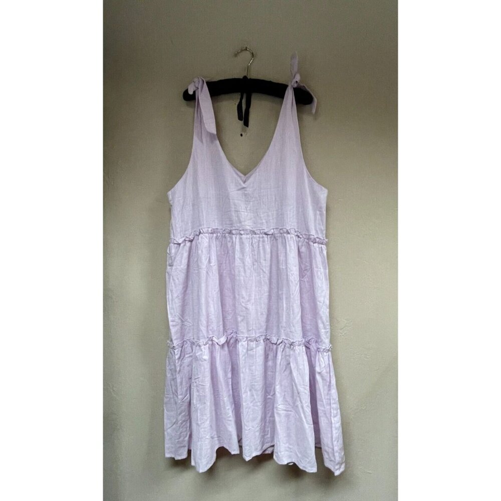 LS Women Sleeveless Ruffle Tier Dress Size XL Tie Strap V-Neck Cotton Purple New